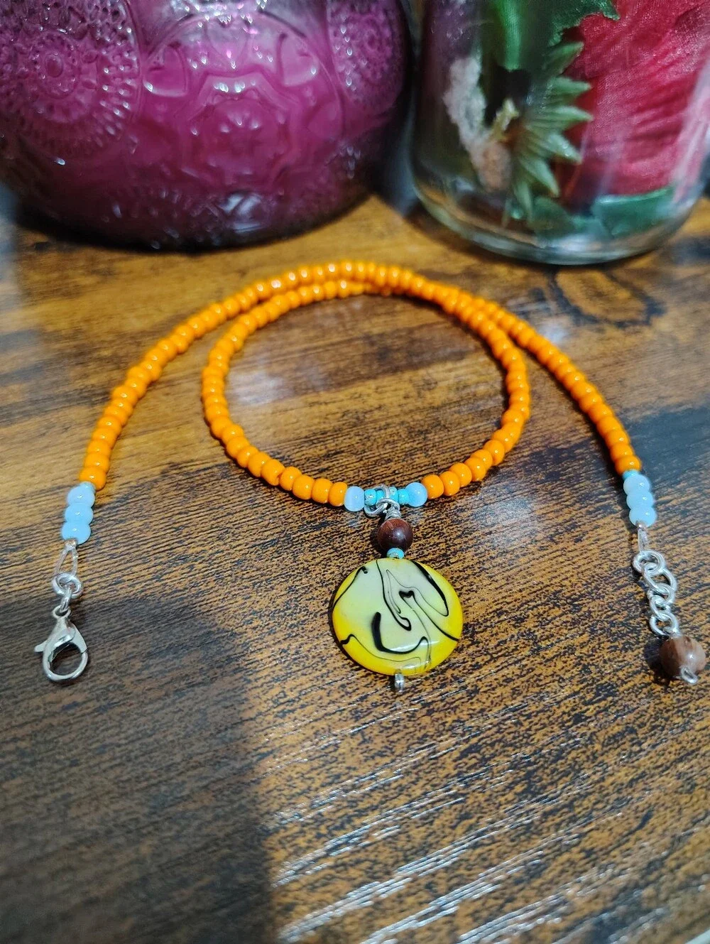 Orange Beaded Necklace with Yellow Pendant - Women's Handmade Necklace
